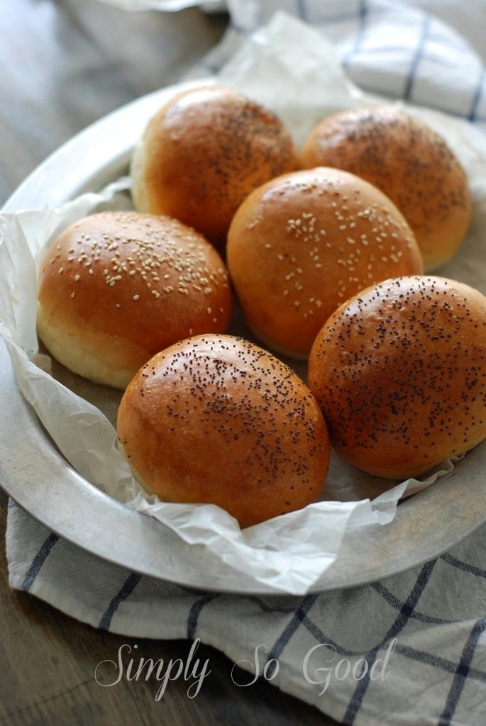 5 brioche buns on a silver platter
