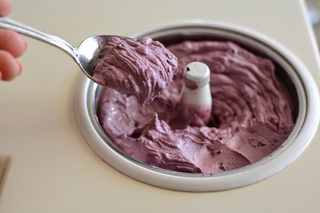 Spoonful of blackberry chocolate chip ice cream churned in ice cream maker