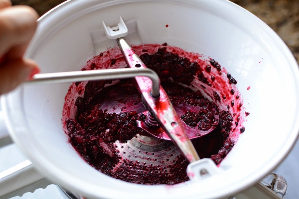 Blackberries pressed in a food mill