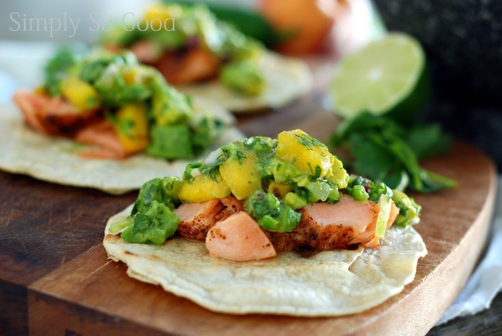 grilled salmon on corn tortilla with peach guacamole