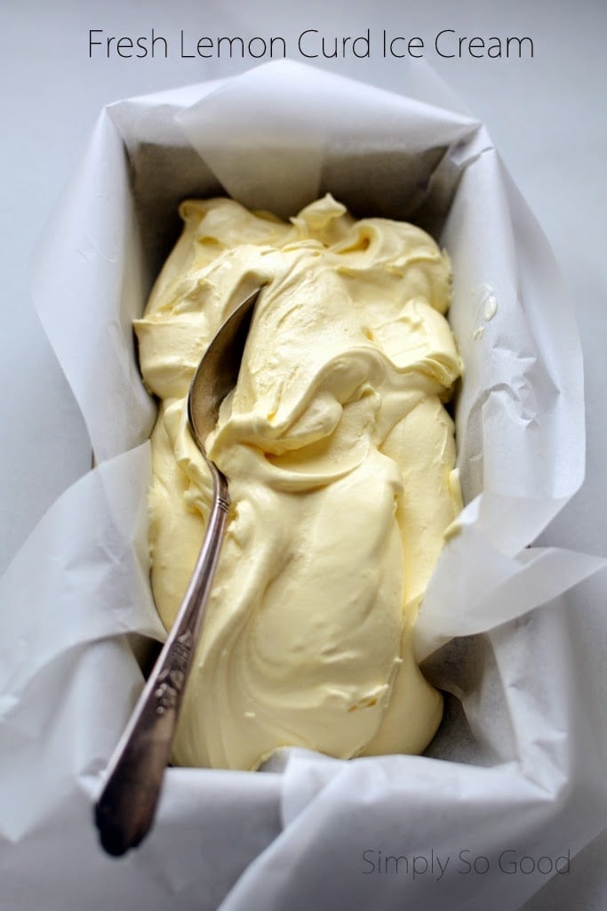 lemon curd ice cream in a pan with serving spoon