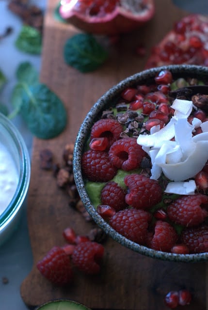 Avocado smoothie bowl with raspberries coconut