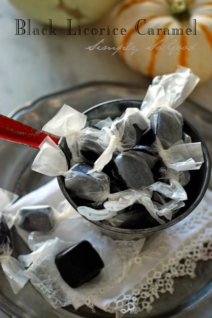 licorice caramels in a tin cup