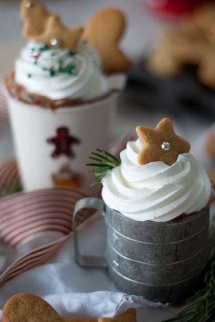 silver mug and cup with whipped cream small star gingerbread cookies red striped ribbon