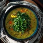 Soup in bowl with chopped kale