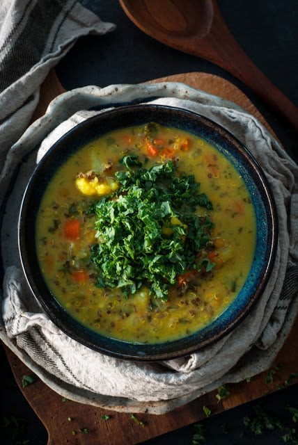 Soup in bowl with chopped kale