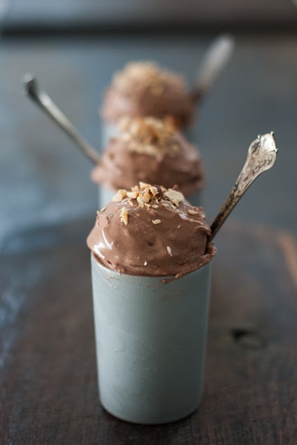 three gray mugs with chocolate hazelnut ice cream