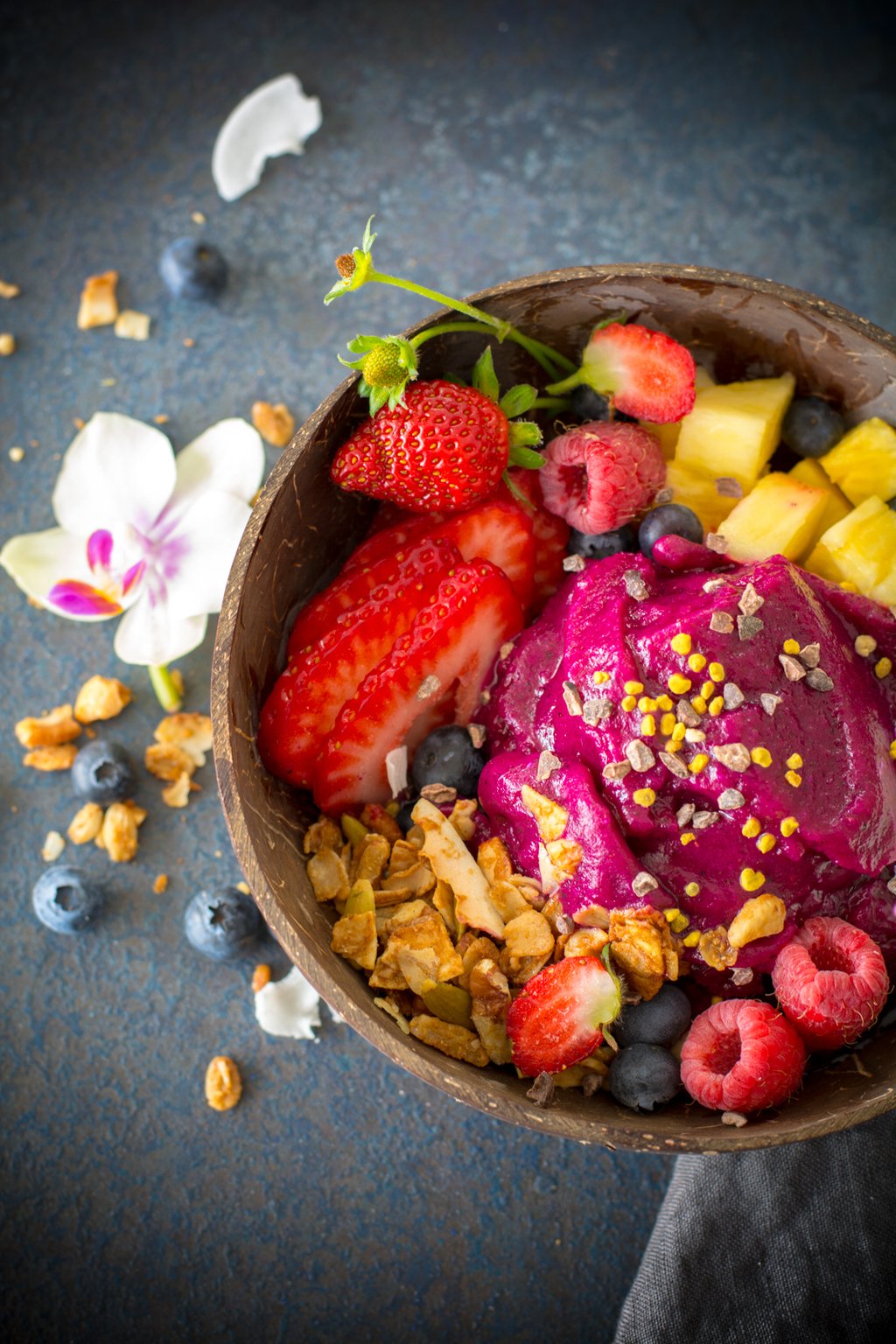 smoothie fresh berries and fruit in bowl