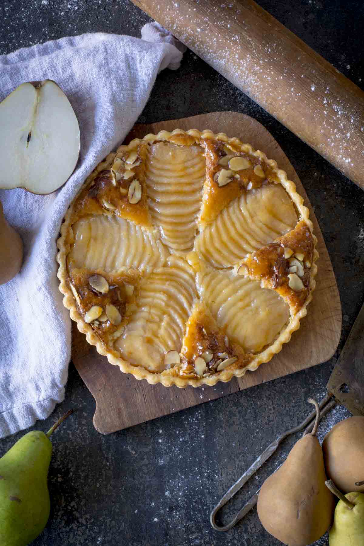 Pear Almond Tart Over head shot of pear almond tart.