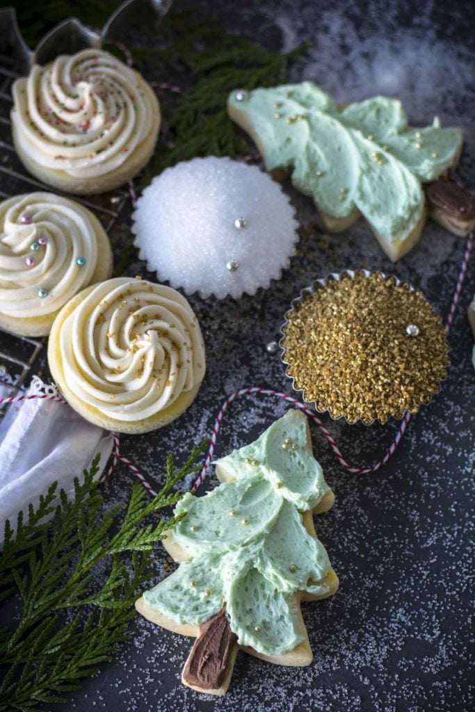 Buttercream frosted sugar cookies for Christmas.