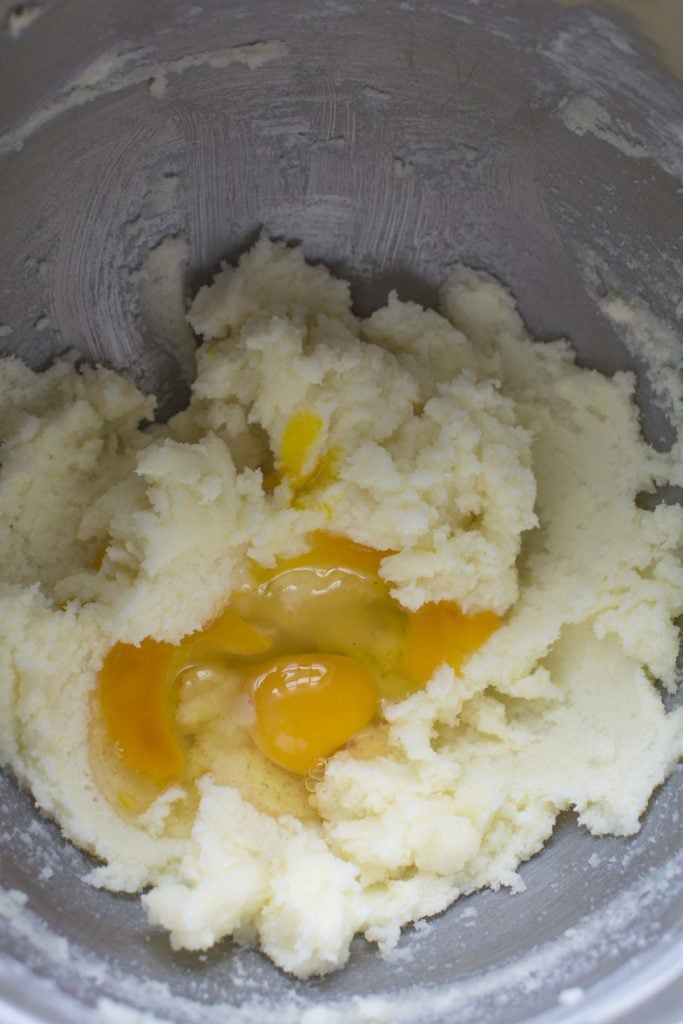 Butter and sugar creamed together, adding eggs.
