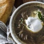 Overhead shot of crockpot burrata French onion soup