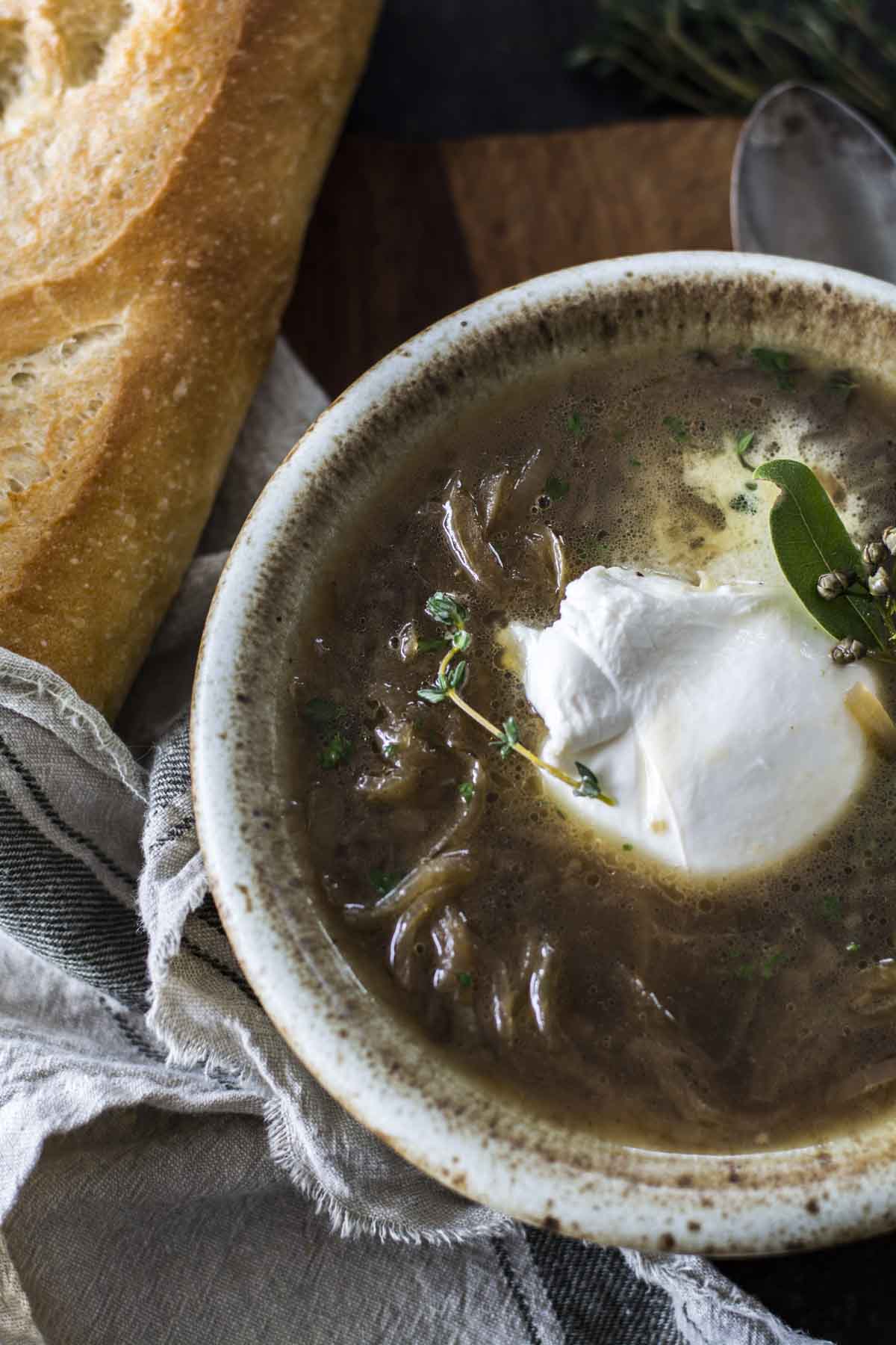 Overhead shot of crockpot burrata French onion soup