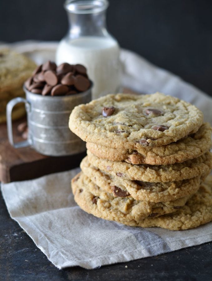 Stack of jumbo size chocolate chip cookies