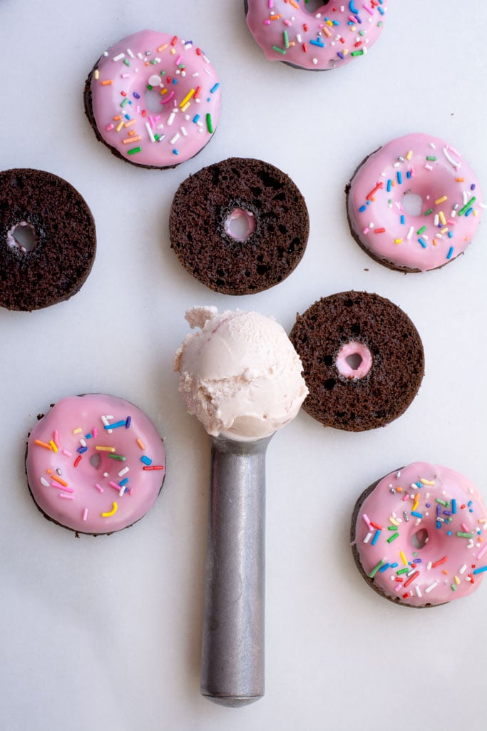 chocolate donut strawberry ice cream sandwiches