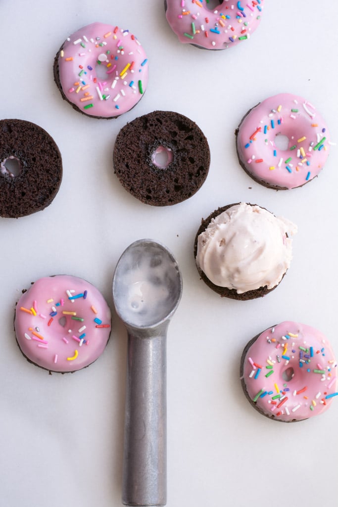 chocolate donut strawberry ice cream sandwiches