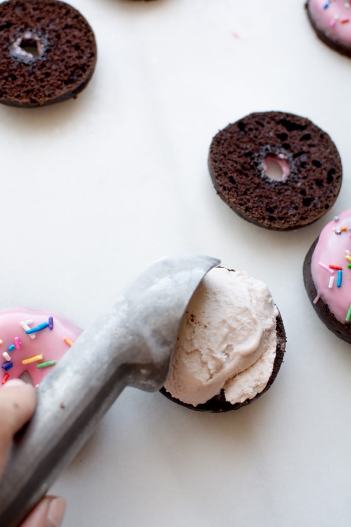 chocolate donut strawberry ice cream sandwiches