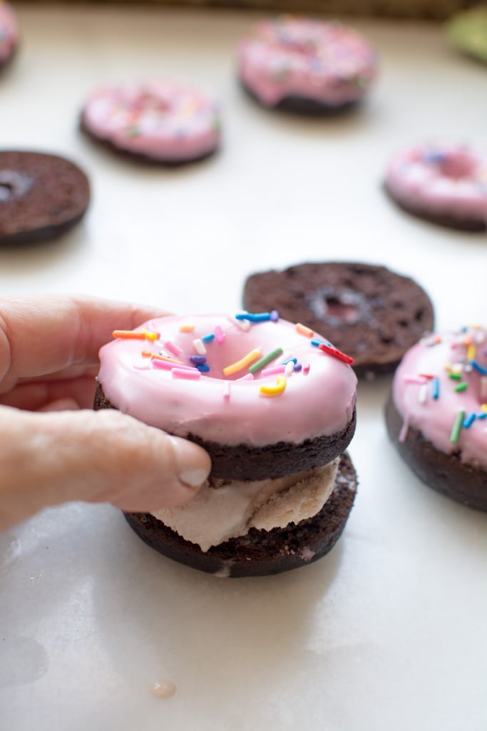 chocolate donut strawberry ice cream sandwiches