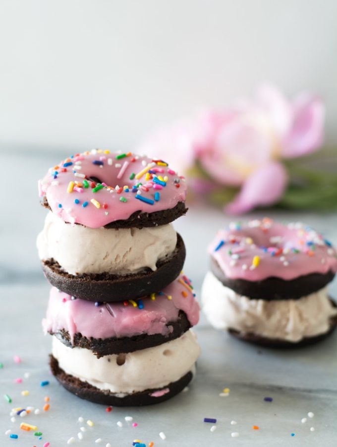 chocolate donut strawberry ice cream stacked sandwiches