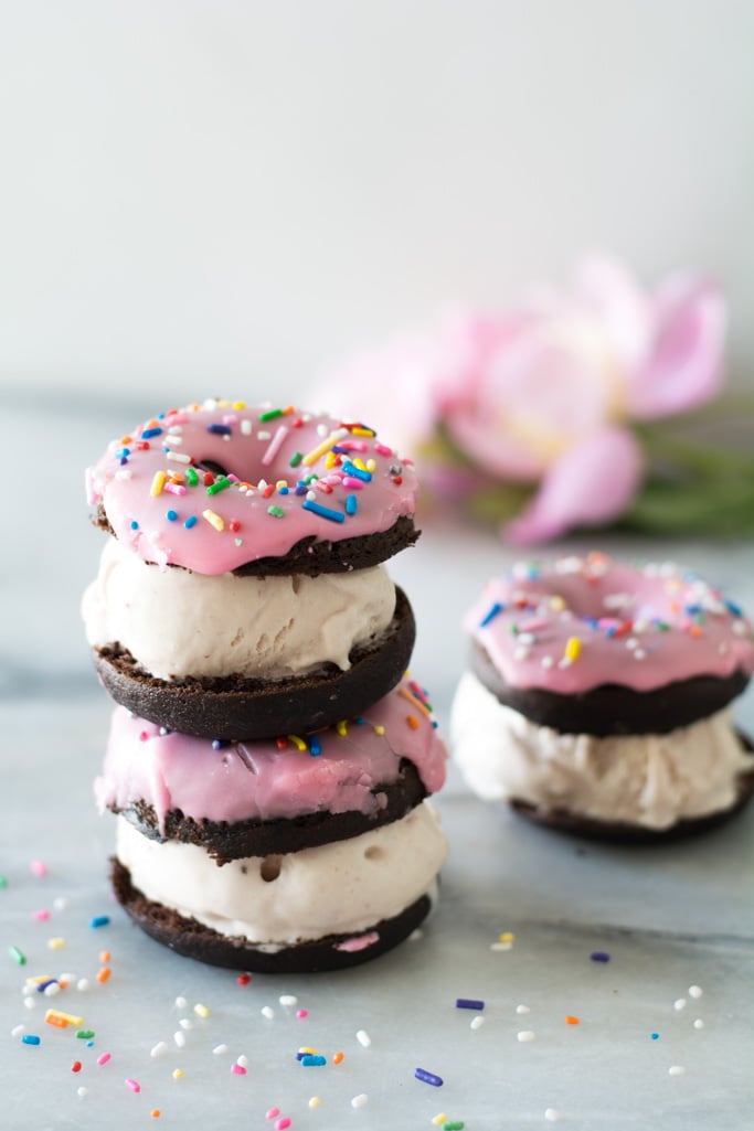 chocolate donut strawberry ice cream stacked sandwiches