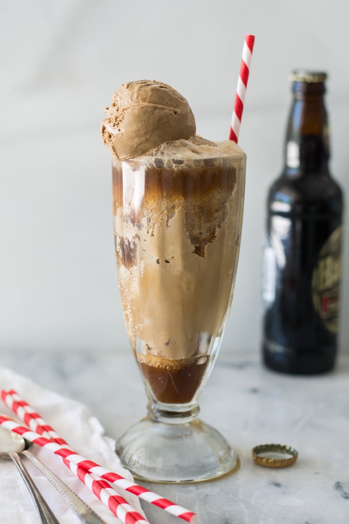 ultimate double root beer in tall glass with red striped strawfloat