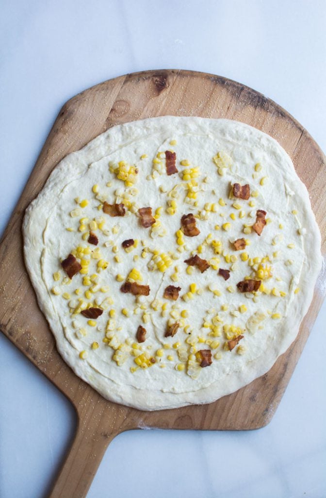 Sweet Roasted Corn Bacon and Burrata Pizza