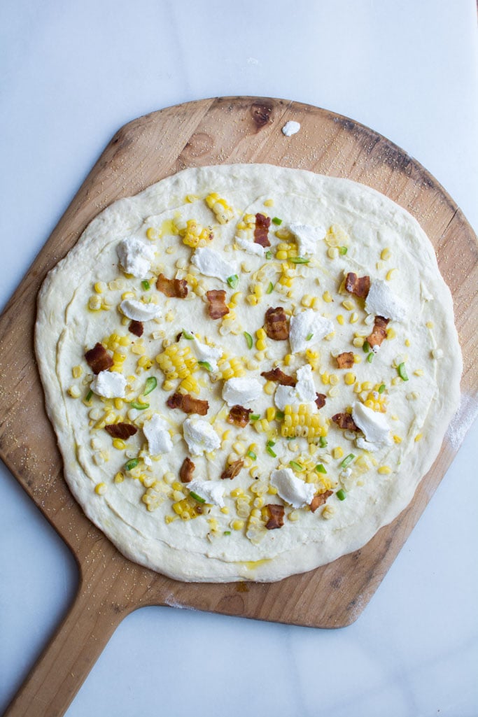 Sweet Roasted Corn Bacon and Burrata Pizza