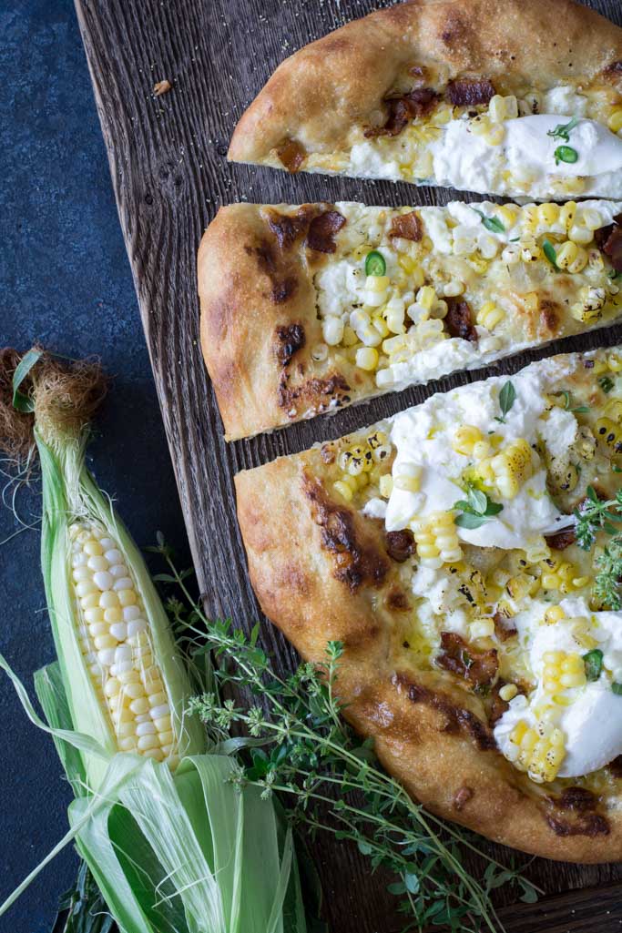 Sweet Roasted Corn Bacon and Burrata Pizza