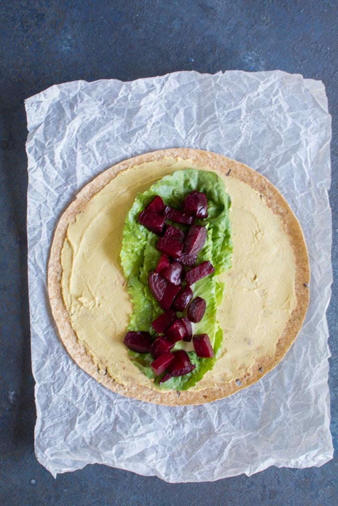 Beet, Peach, and Avocado Wrap with Turmeric Tahini Sauce