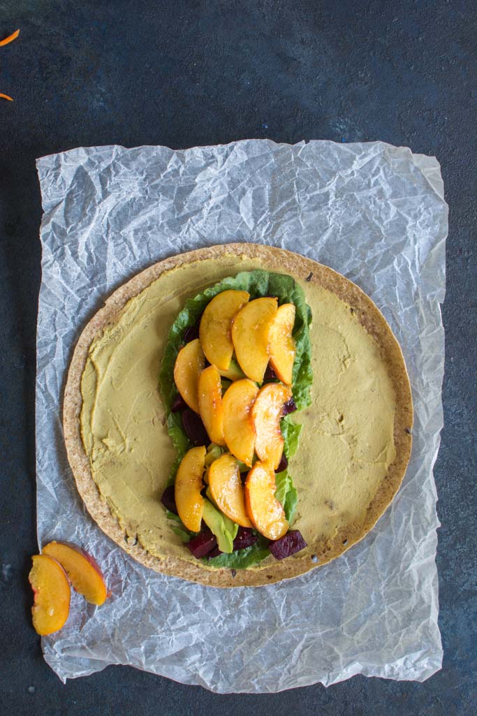 Beet, Peach, and Avocado Wrap with Turmeric Tahini Sauce