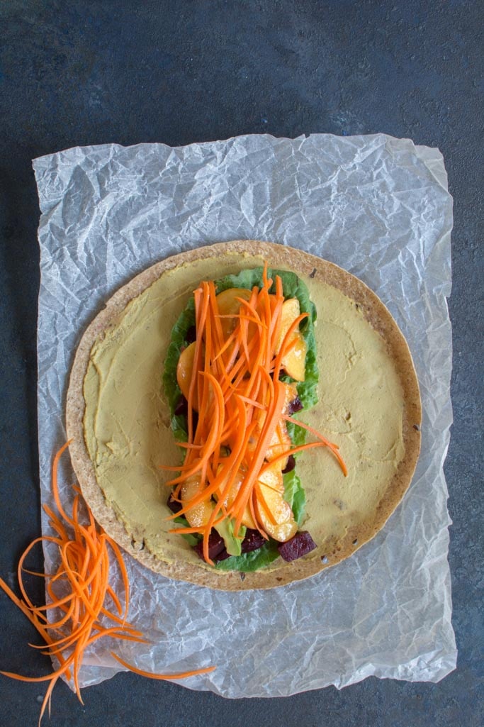 Beet, Peach, and Avocado Wrap with Turmeric Tahini Sauce