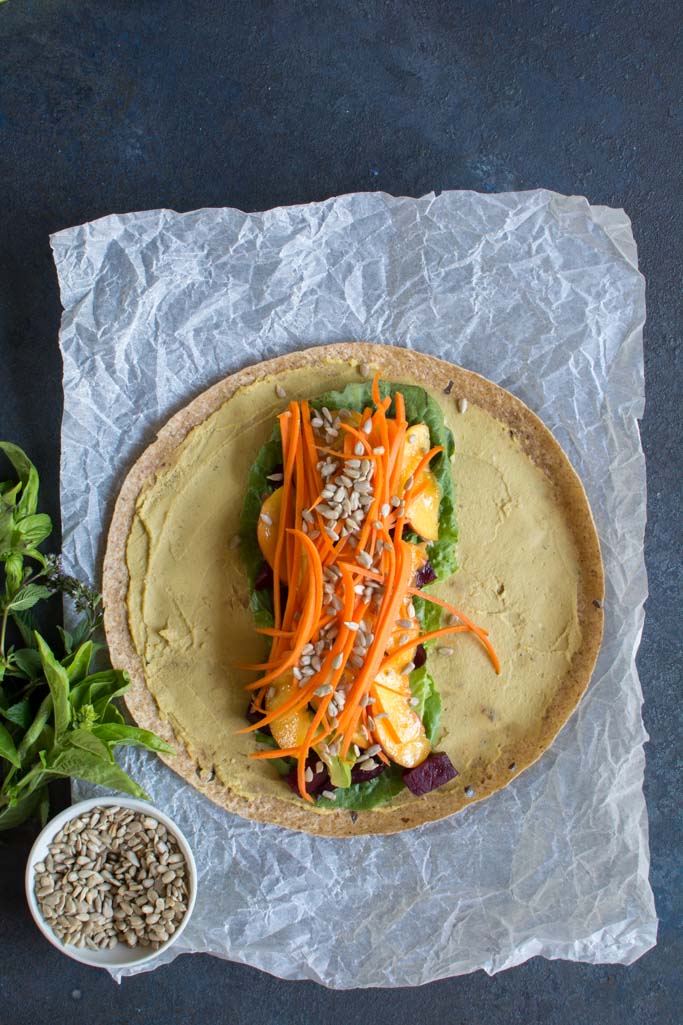 Beet, Peach, and Avocado Wrap with Turmeric Tahini Sauce