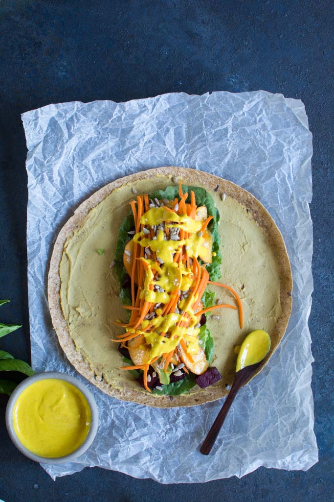 Beet, Peach, and Avocado Wrap with Turmeric Tahini Sauce