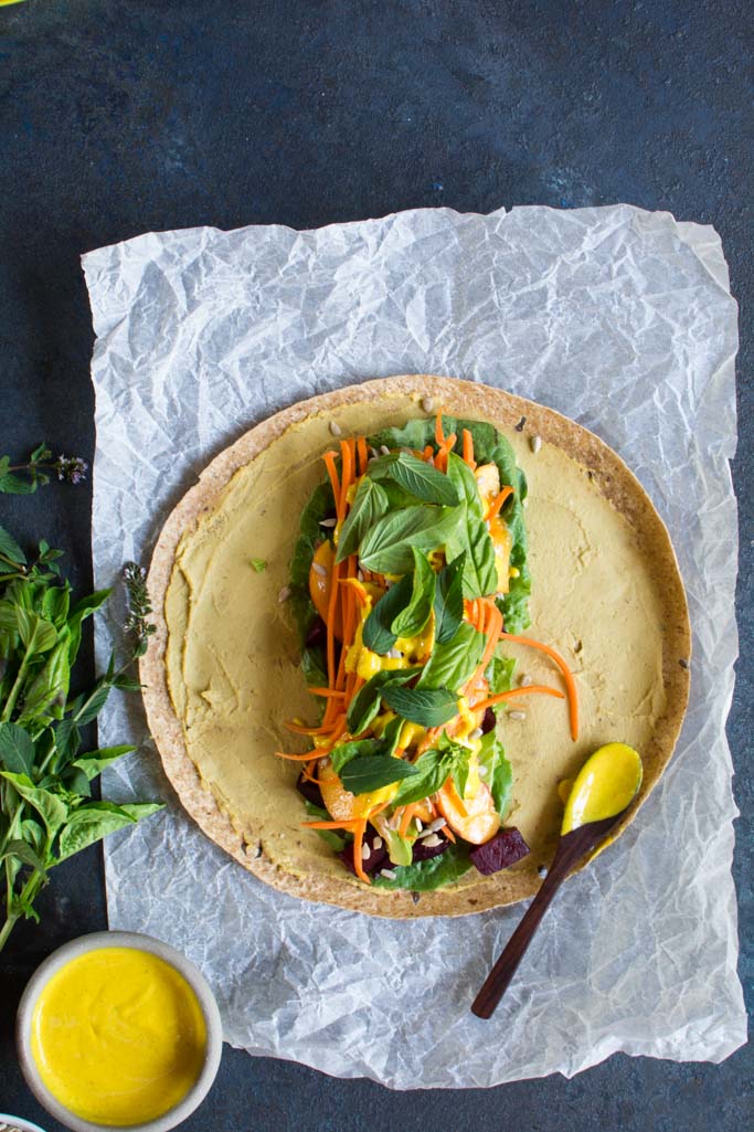 Beet, Peach, and Avocado Wrap with Turmeric Tahini Sauce