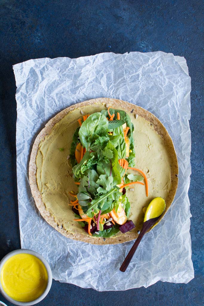 Beet, Peach, and Avocado Wrap with Turmeric Tahini Sauce