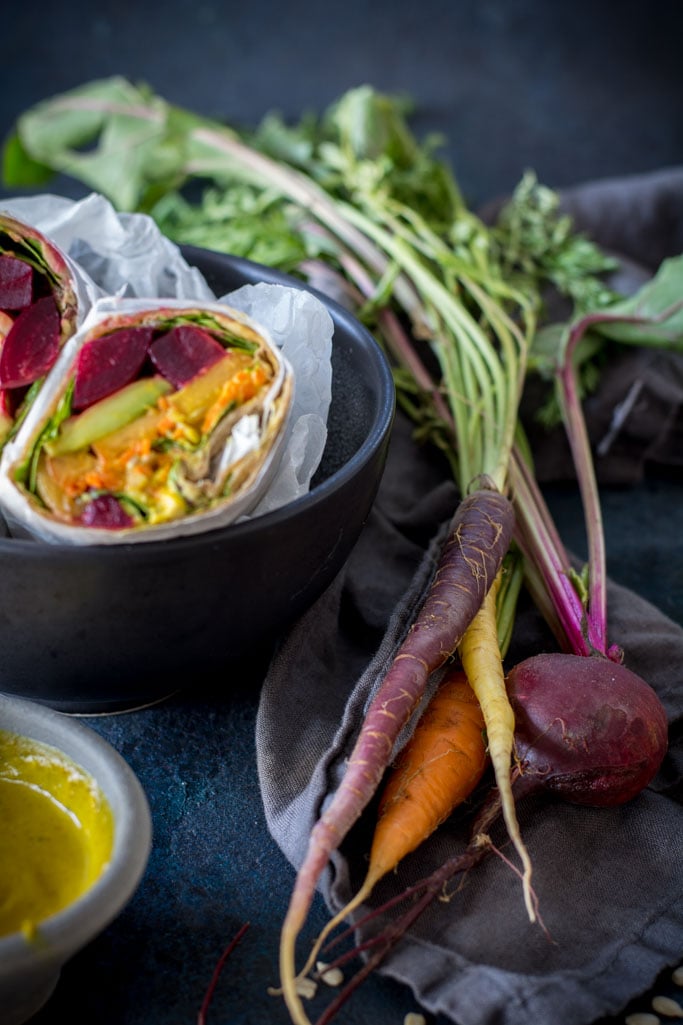 Beet, Peach, and Avocado Wrap with Turmeric Tahini Sauce