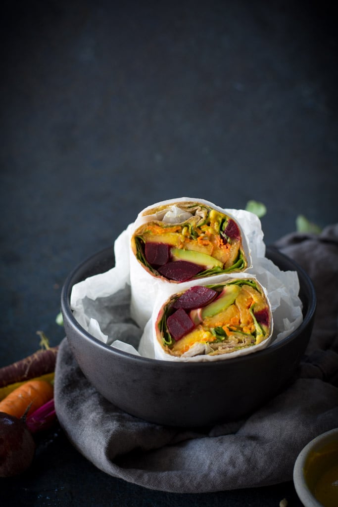 Beet, Peach, and Avocado Wrap with Turmeric Tahini Sauce