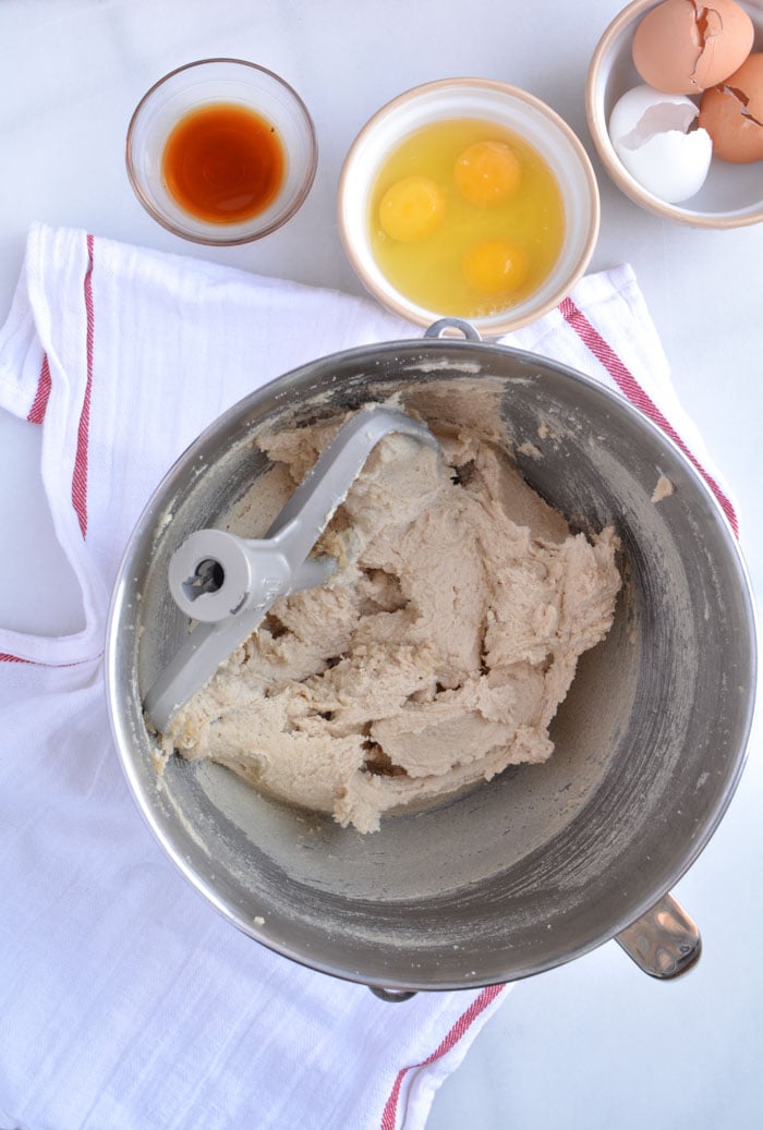 Batter in bowl for jumbo chocolate chip cookies