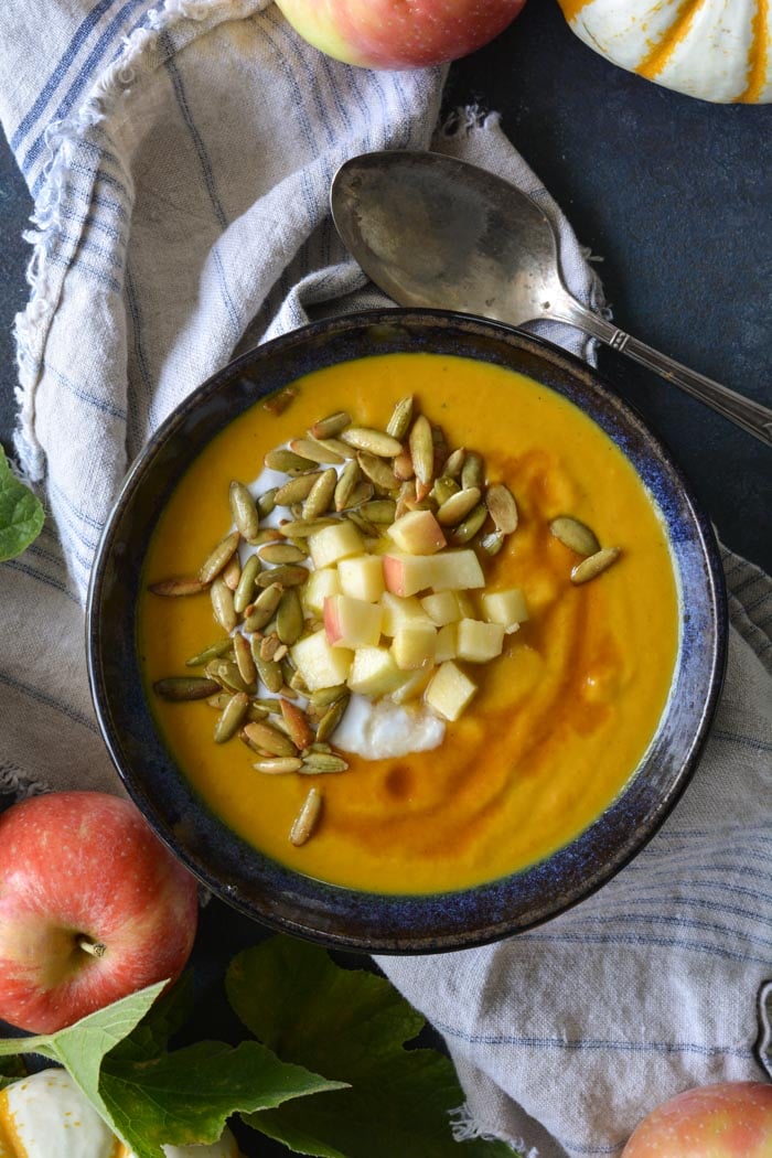 Pumpkin Apple Soup close up in bowl