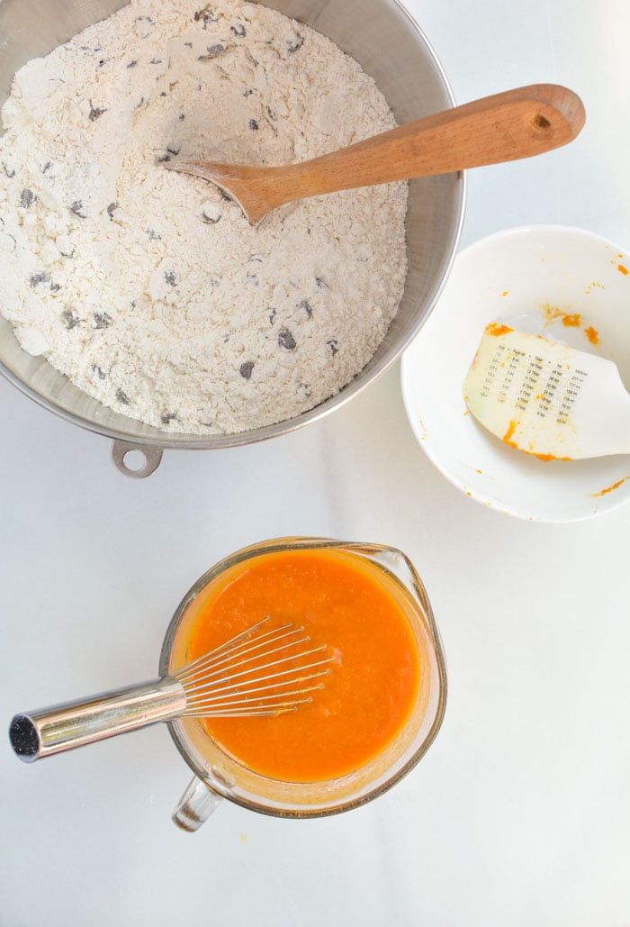 bowl with flour mixture pumpkin mixture