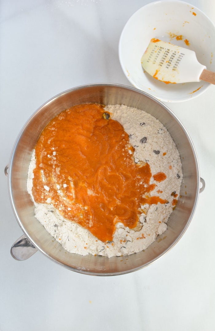 pumpkin mixture with flour chocolate chips