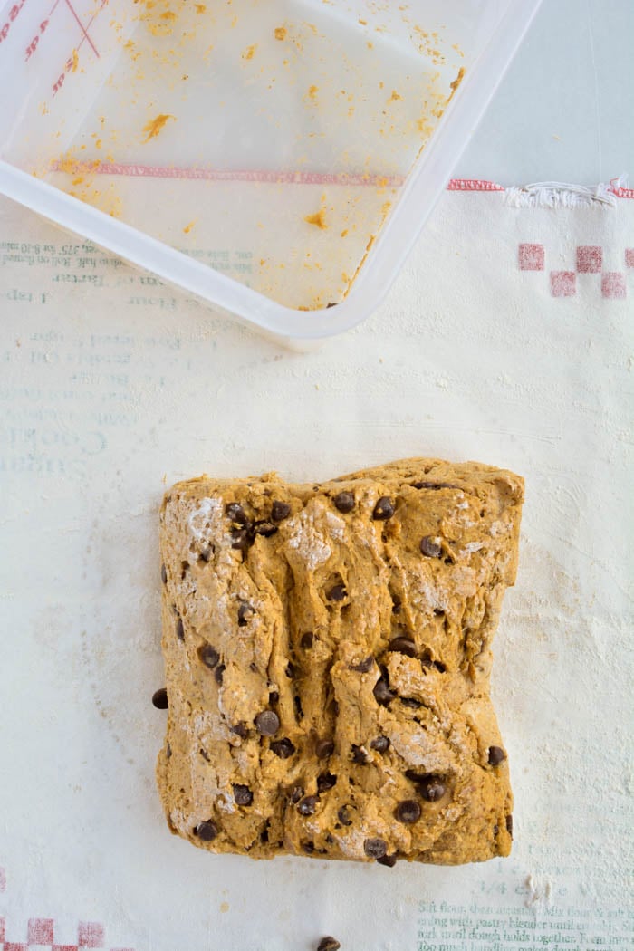 pumpkin bagel dough on pastry cloth