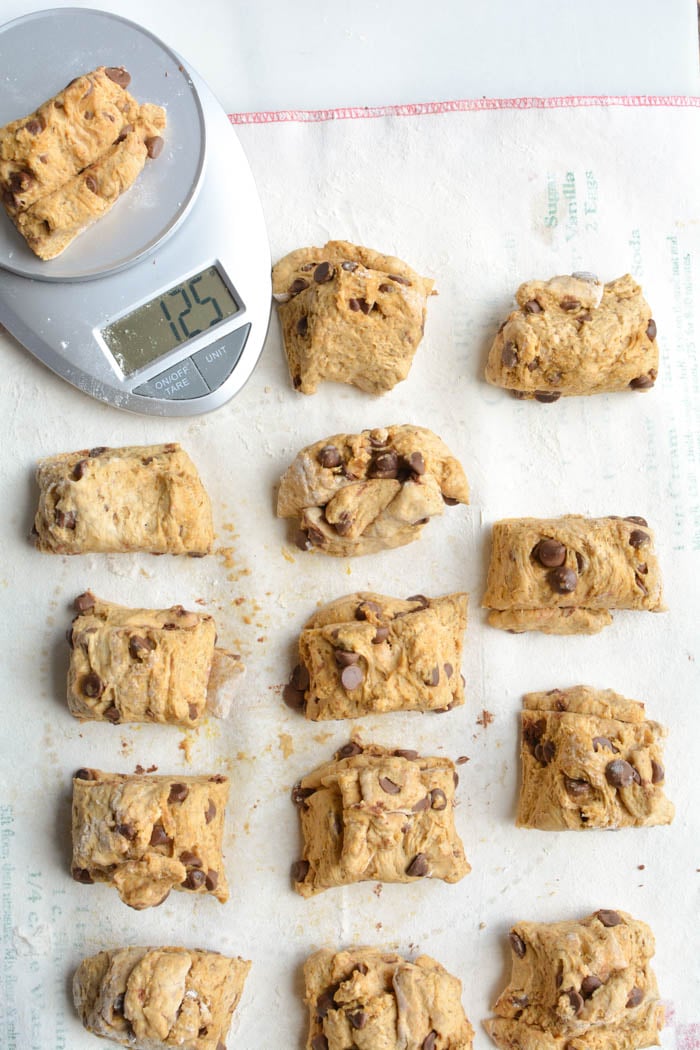 cut pumpkin bagel dough