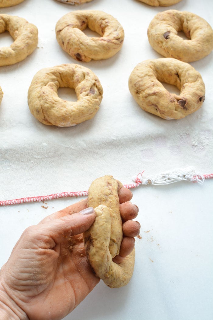 forming pumpkin bagels