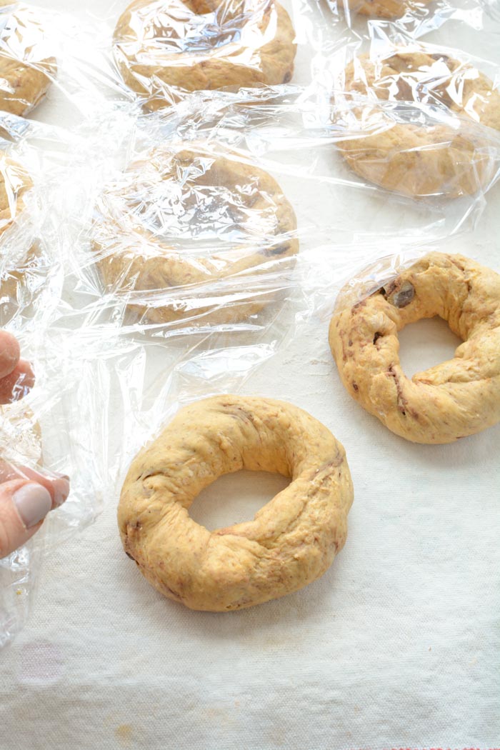 pumpkin bagels covered with plastic wrap