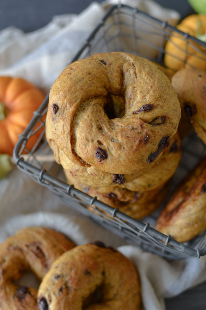 bagels stacked in wire basket