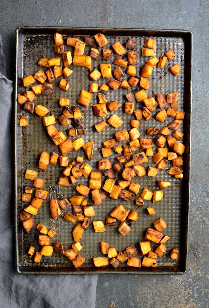 roasted pumpkin on baking sheet