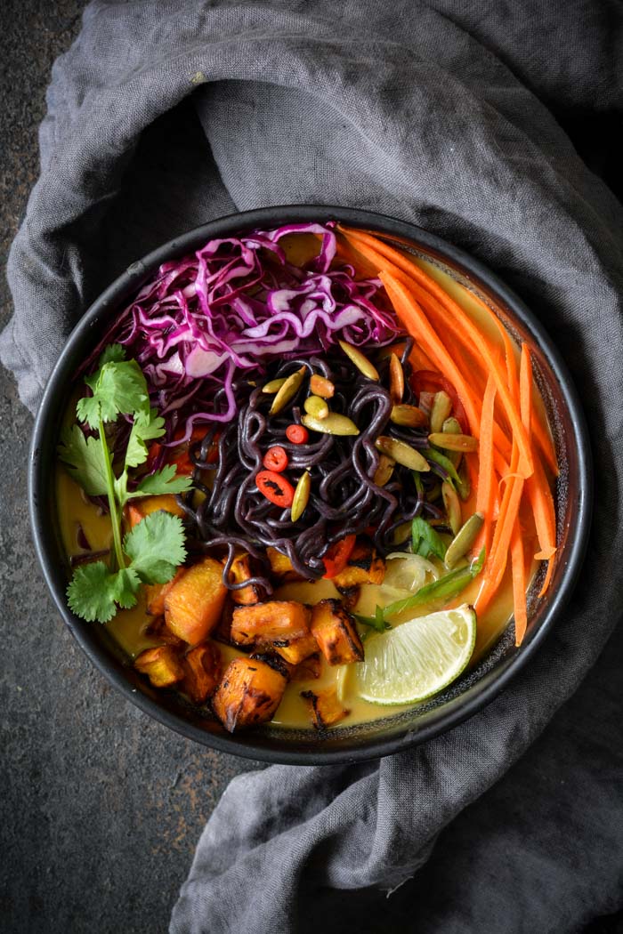 Miso Roasted Pumpkin Ramen in a bowl with veggies