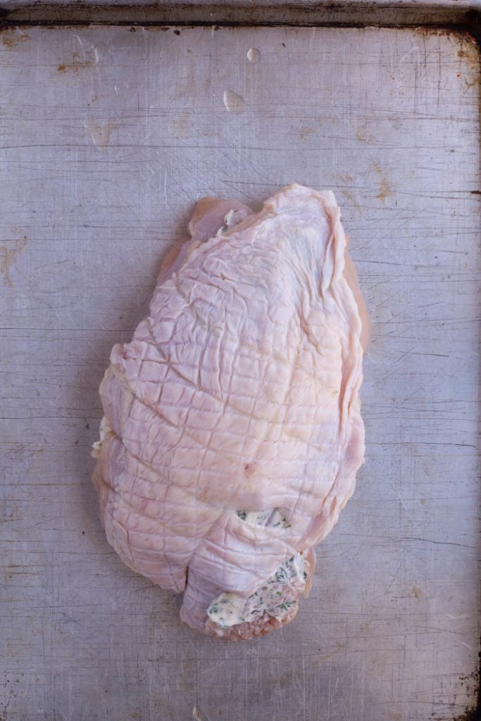 Closed turkey with scored skin.