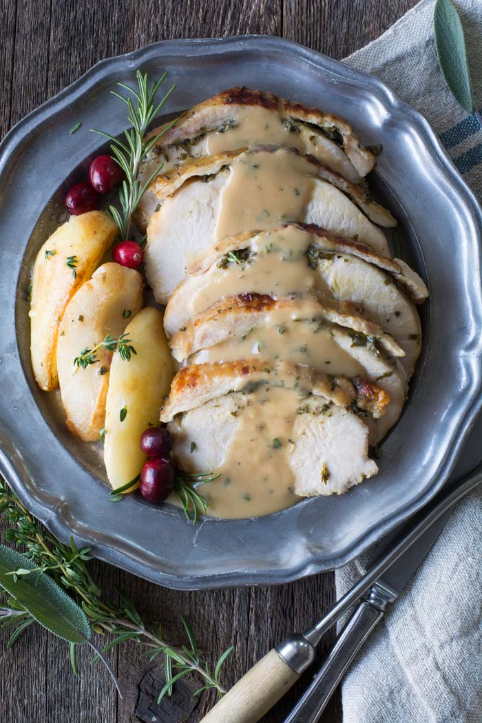 Fresh Herb Crockpot Turkey Breast with Brown Butter Pears on a plate